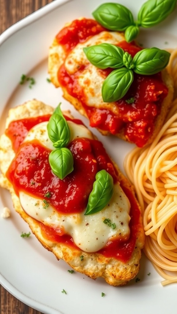 Oven-baked chicken parmesan with marinara sauce and melted cheese, garnished with basil, served with spaghetti.
